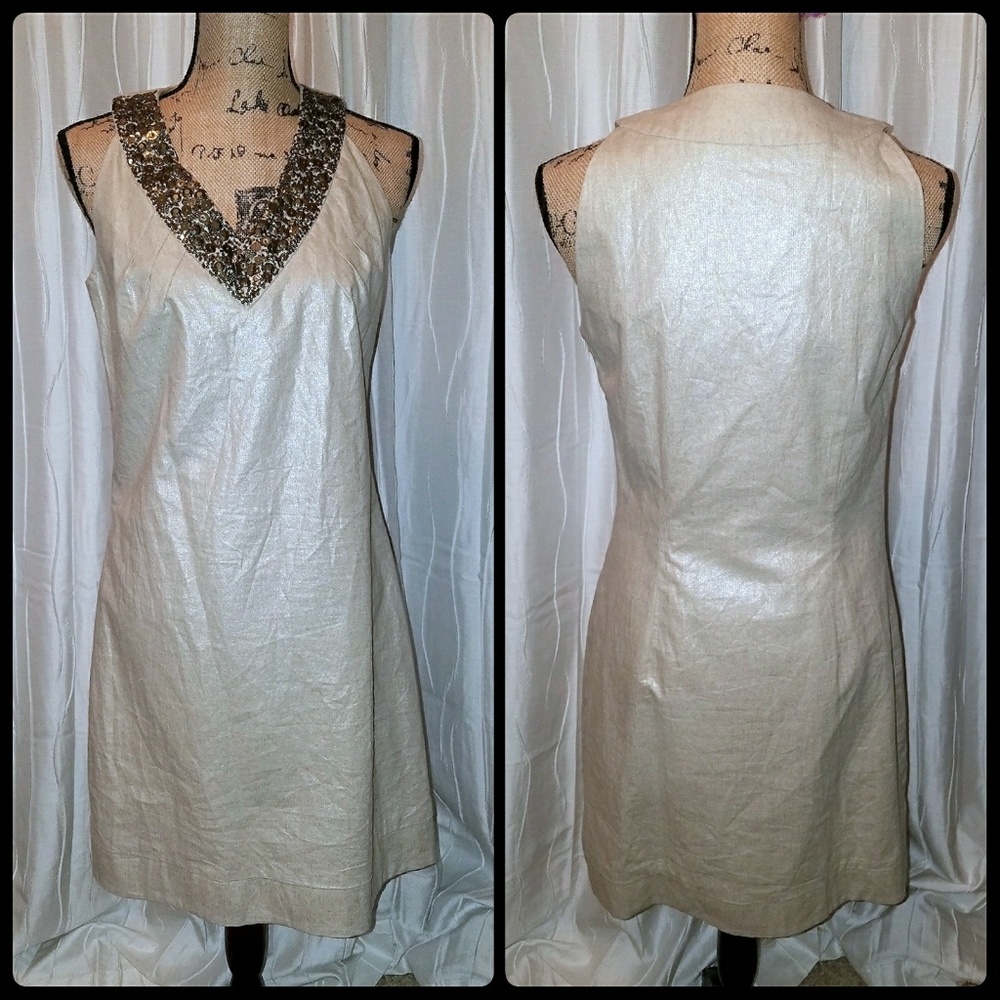 Worthington Gold Metallic Beaded V-Neck Cocktail Dress Size 6